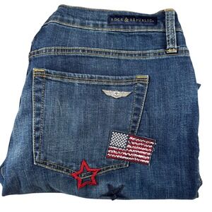 Rock & Republic Jeans Womens 16 Blue Distressed Americana Flag Star Straight Leg